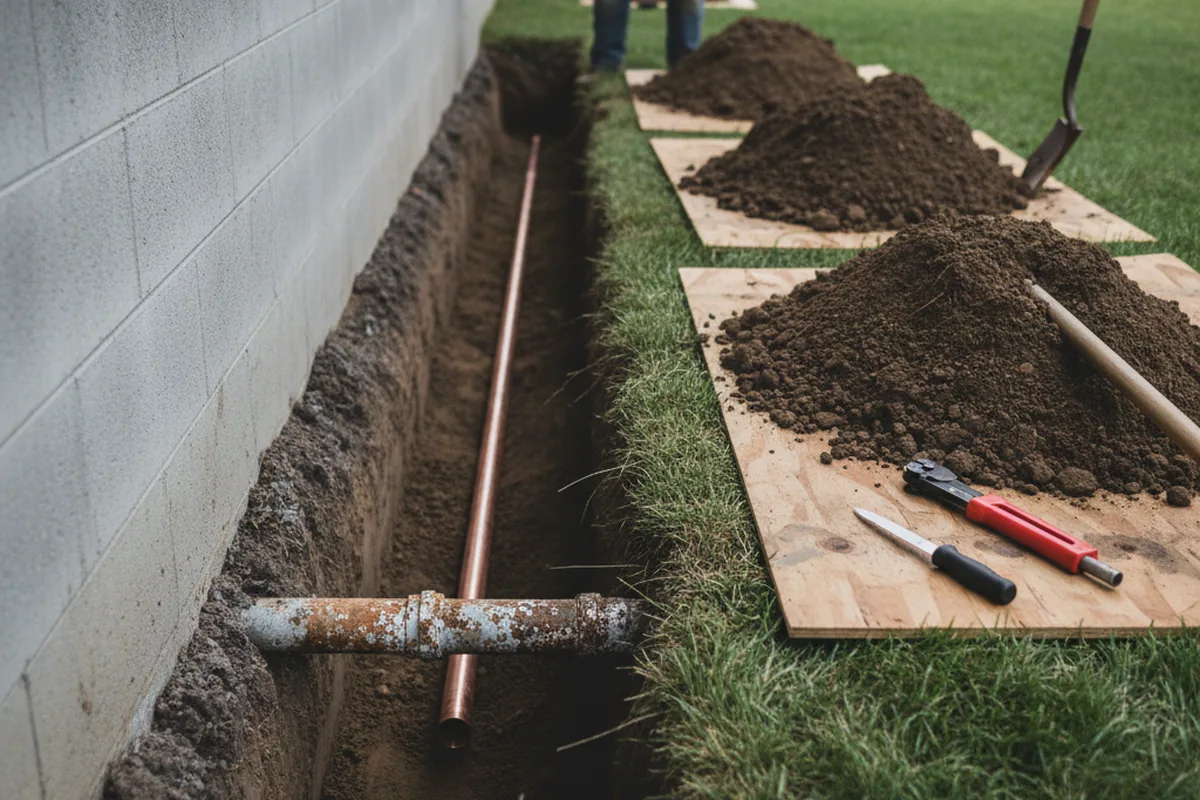 Excavated water line trench during Sewer Line Repair in Clay